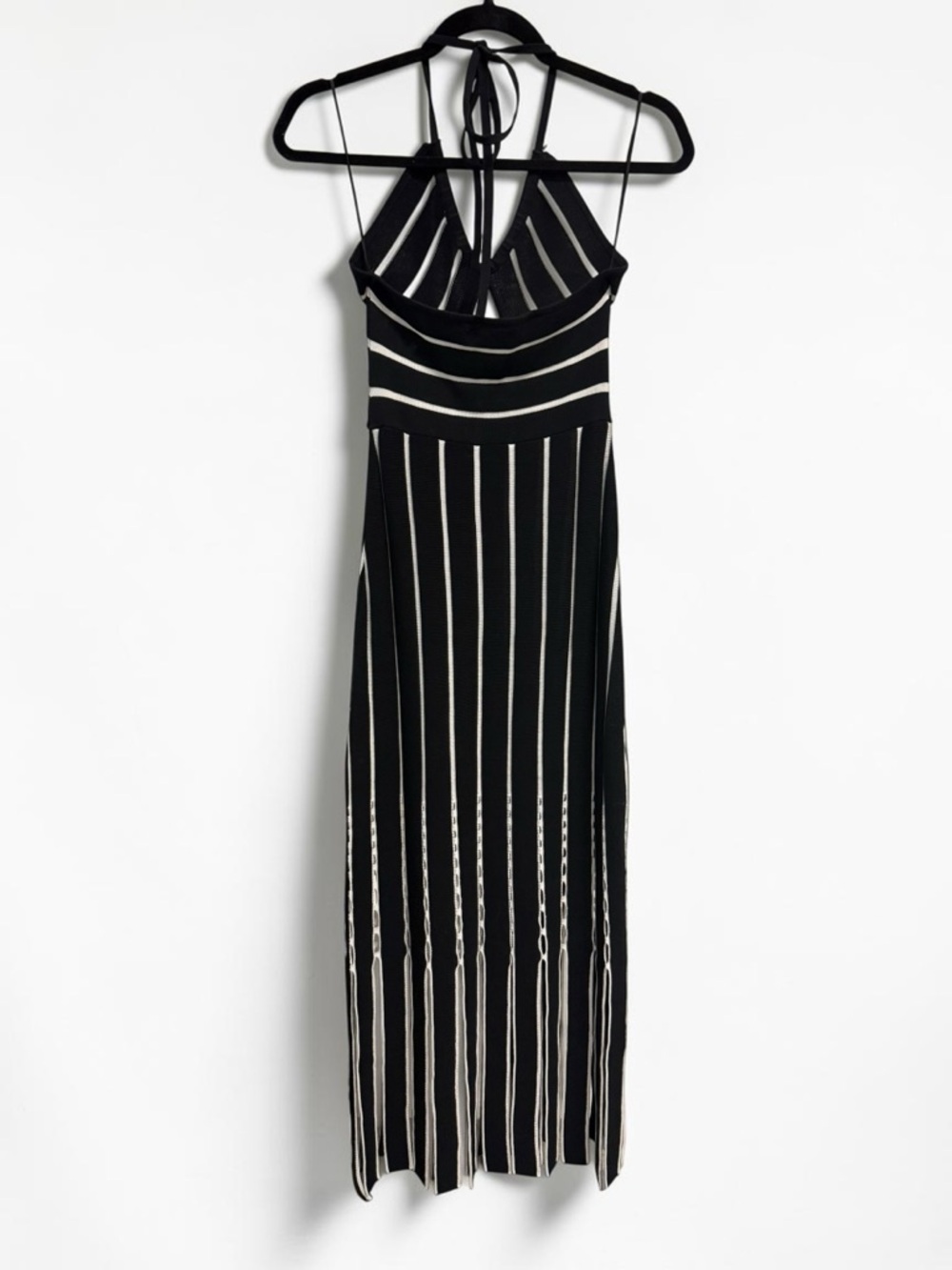 Ramy Brook Frida Stripe Halter Midi Dress Black Fringe Cutout Size XS - Picture 6 of 9